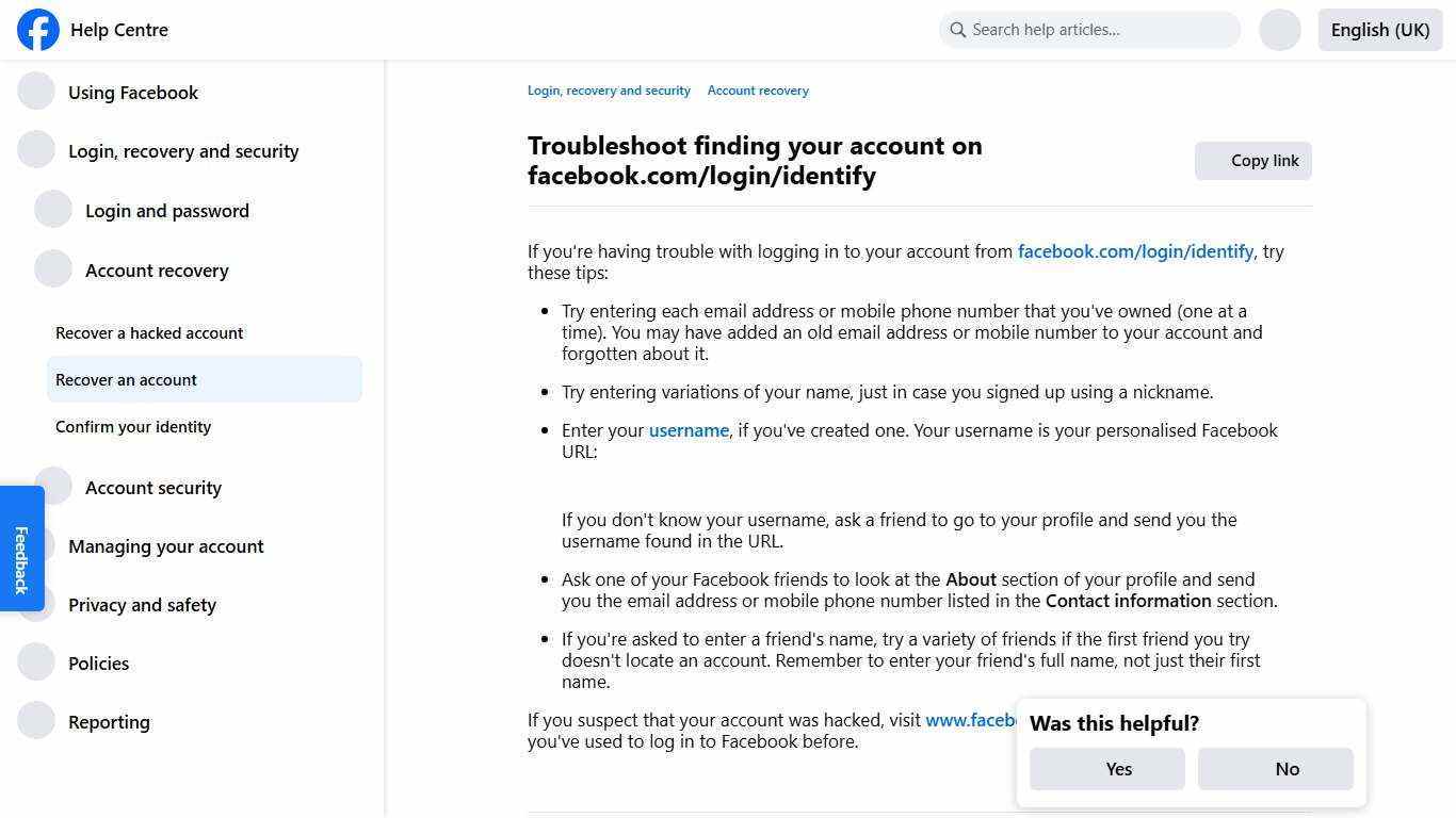 Troubleshoot finding your account on facebook.com/login/identify | Facebook Help Centre